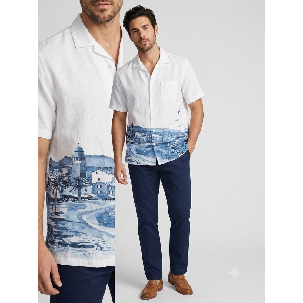 Cremieux Blue Label St Tropez Short Sleeve Camp Landscape Sea Print Shirt XL